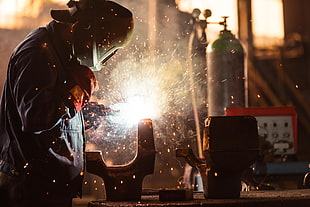 brown welding helmet, men, workers HD wallpaper