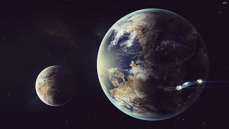 moon and earth, artwork, science fiction, planet, spaceship HD wallpaper