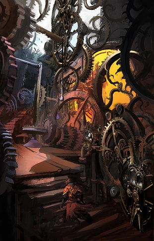 male anime character inside machine room digital wallpaper, Castlevania: Lords of Shadow, concept art, gears, clocktowers