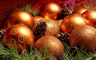 orange baubles, holiday, Christmas ornaments 