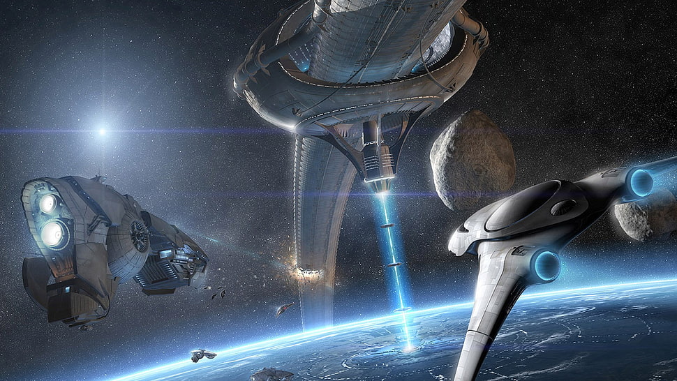 three gray spacecrafts illustration, 3D, space, planet, spaceship HD wallpaper