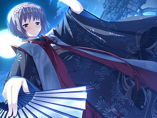 female anime character wearing black and brown kimono digital wallpaper