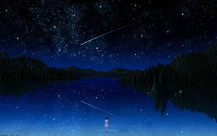 person in body of water at nighttime illustration