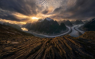 aerial view of mountain, mountains, sunset, nature, Alaska HD wallpaper