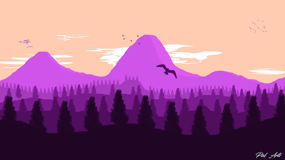 purple mountain digital art, landscape, mountain pass, clouds, forest HD wallpaper