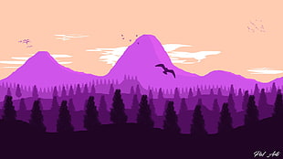 purple mountain digital art, landscape, mountain pass, clouds, forest