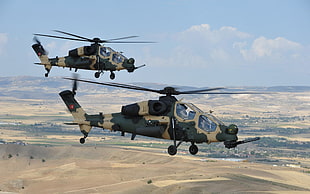 two green and brown camouflage helicopters, helicopters, military, military aircraft, aircraft