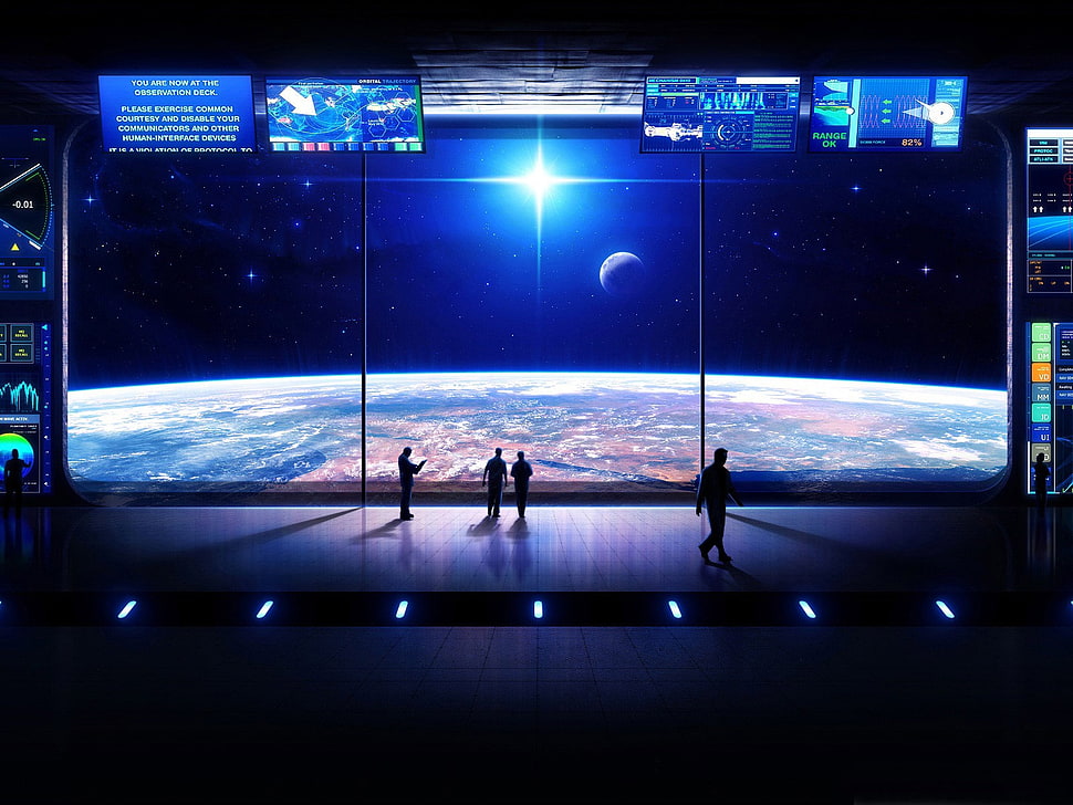 four people standing on stage with planet wallpaper HD wallpaper