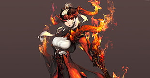 female anime character wearing black and orange flaming coat digital wallpaper