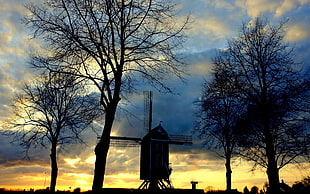 silhouette of windmill at golden hour HD wallpaper