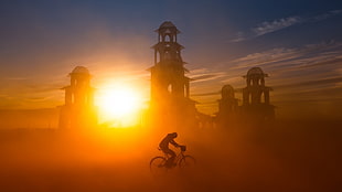 silhouette of person on bike, sunset, bicycle, silhouette, sunlight HD wallpaper