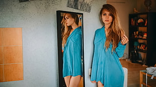 women's blue long-sleeved dress, mirror, long hair, women, model