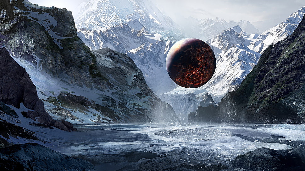 round black globe above water surrounded with ice covered mountain HD wallpaper