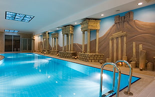 blue swimming pool inside building HD wallpaper