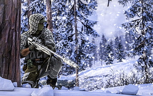 game application digital wallpaper, Battlefield 4, soldier, winter, trees