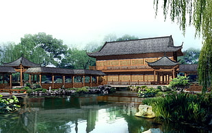 Japanese Traditional House with man made lake during daytime