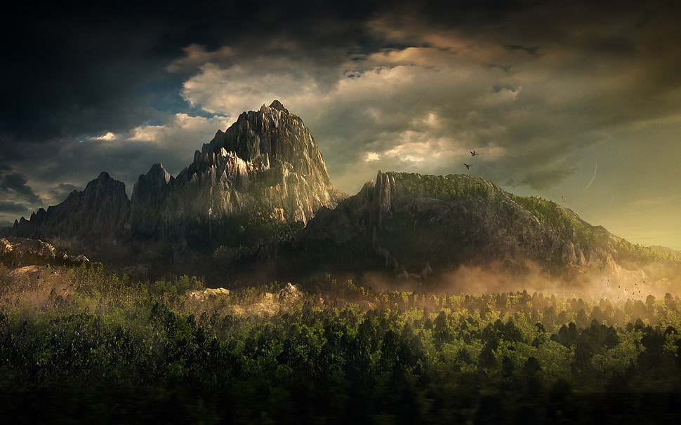 Mountains,  Birds,  Trees,  Clouds HD wallpaper