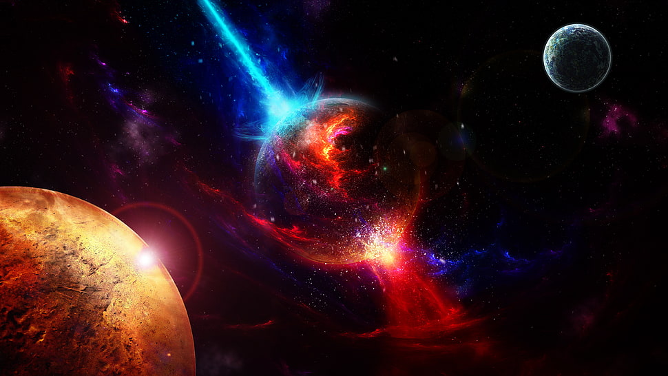 green, red, and gray planets HD wallpaper