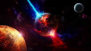 green, red, and gray planets