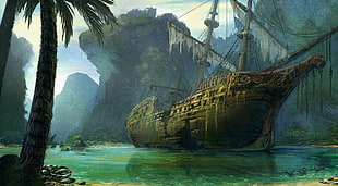 illustration of shipwreck, ship, fantasy art, wreck, artwork