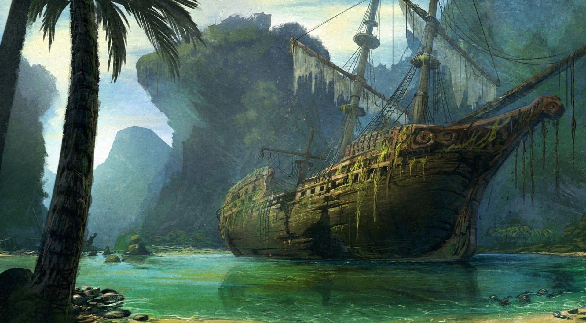 illustration of shipwreck, ship, fantasy art, wreck, artwork