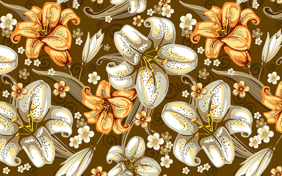 orange, white, and gray floral abstract illustration HD wallpaper
