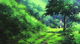 female character walking near grass wallpaper, Non Non Biyori, anime, landscape, nature
