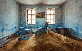 blue armchair, sand, house, interior, old