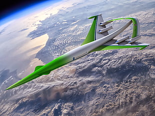 white and green plane, airplane, prototype, digital art, render