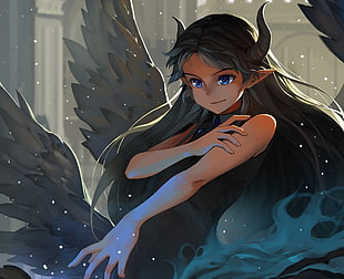 woman with wings and horn animated character display wallpaper