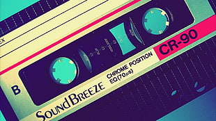 black and white Sound Breeze CR-90 cassette, tape, cassette, chrome, blue background HD wallpaper
