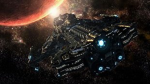 close up photo of warship beside planet 3D wallpaper