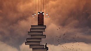 stack of books and flock of birds silhouette art