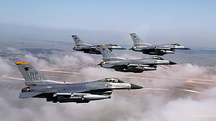 four gray fighter planes, military aircraft, airplane, jets, sky