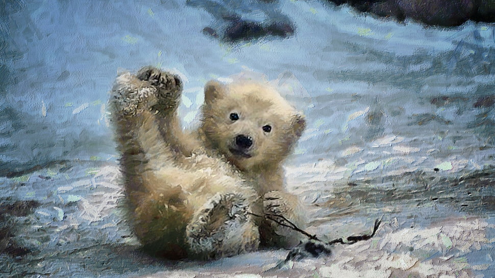 bear cub painting, nature, animals, digital art, painting HD wallpaper