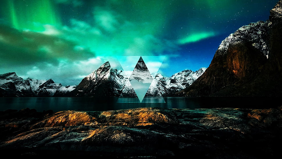 green aurora borealis, nature, landscape, cityscape, polyscape HD wallpaper