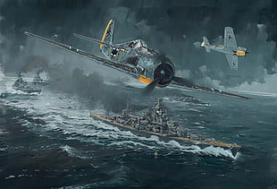 fighter planes and battle ships painting, World War II, fw 190, Focke-Wulf, Luftwaffe HD wallpaper