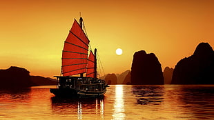 brown boat on water during golden house, junk HD wallpaper
