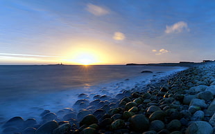 gray pebbles with view of ocean during sunset HD wallpaper