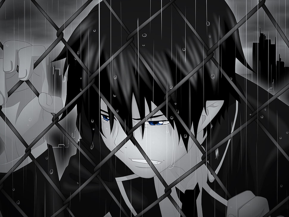 male anime character crying under the rain while holding on fence grayscale photo HD wallpaper