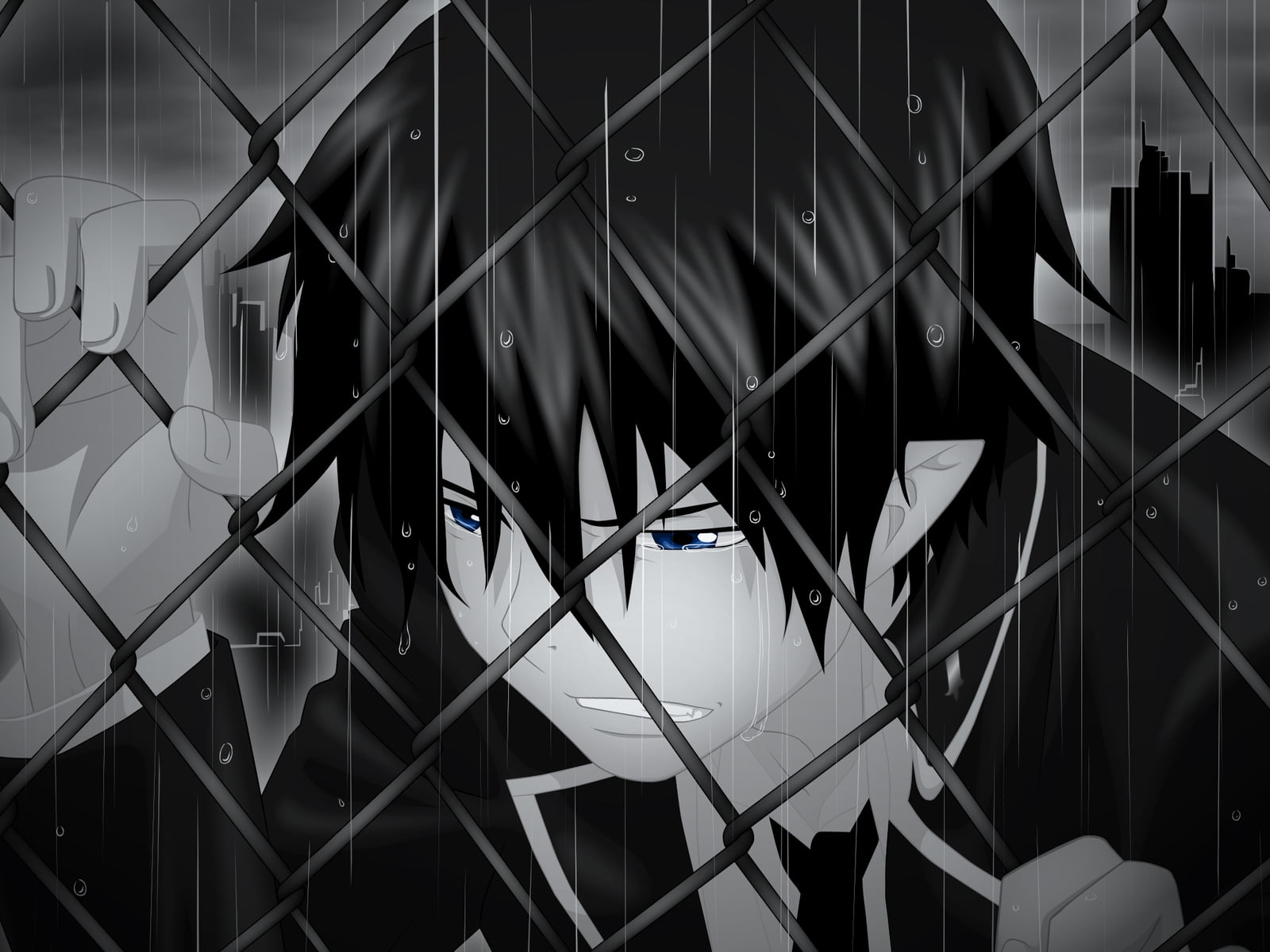 Male anime character crying under the rain while holding on fence grayscale  photo HD wallpaper | Wallpaper Flare