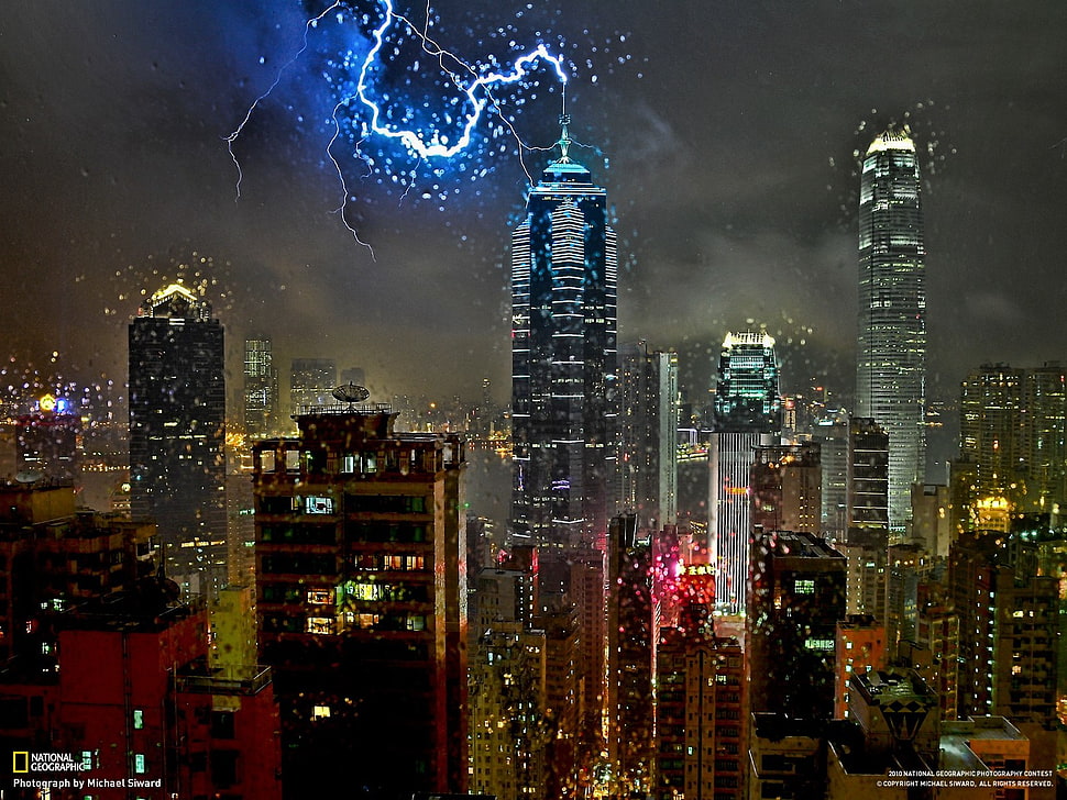 city buildings, National Geographic, skyscraper, lightning, storm HD wallpaper