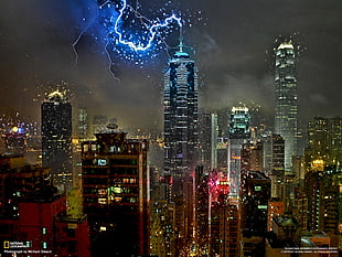 city buildings, National Geographic, skyscraper, lightning, storm