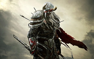 man in grey and red armor suit holding sword with horn helmet digital wallpaper, video games, The Elder Scrolls Online, The Elder Scrolls, fantasy art