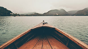black and brown wooden table, landscape, lake, boat, filter