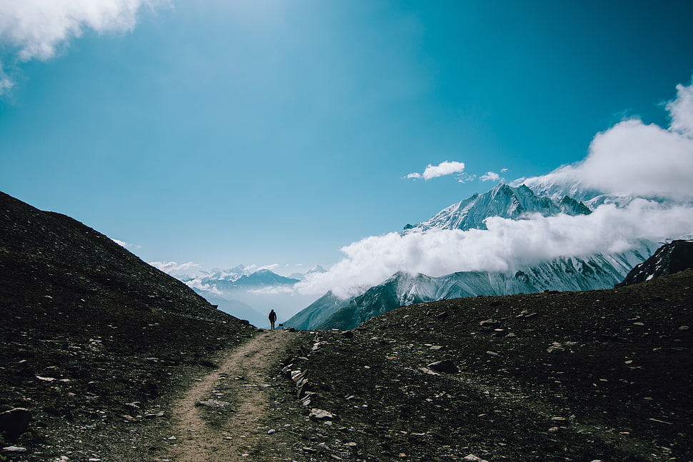 person's silhouette with mountain background HD wallpaper