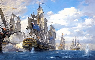 brown galleon ship painting, sailing ship, ship, vehicle, artwork