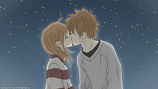 female and male anime character kissing wallpaper, kissing, couple, blonde, stars