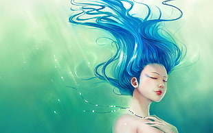 blue haired female illustration