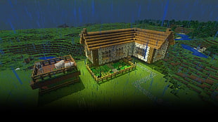 game application screenshot, Minecraft, rain, cottage, farm HD wallpaper